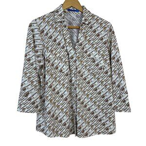 J. McLaughlin Catalina Cloth Tan White Size Lrg Top 3/4 Sleeve Button Down Beige
